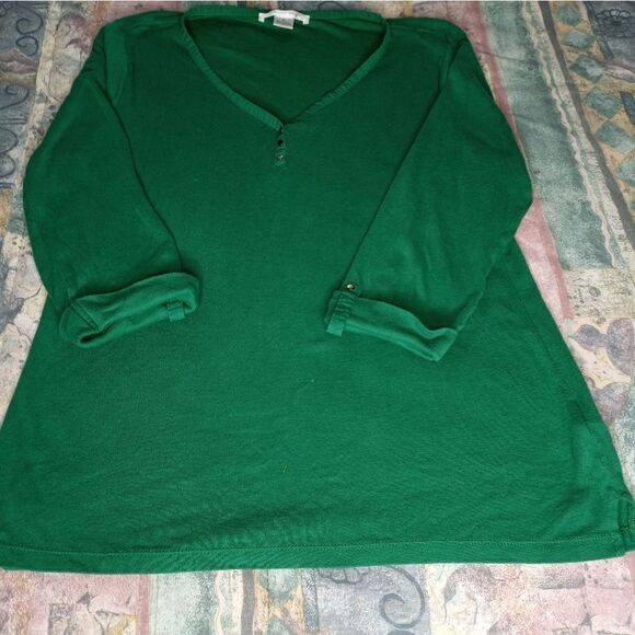 August Silk XL 100% Cotton Green Roll-tab Sleeve 1/4 Button Women's Top - Picture 1 of 8